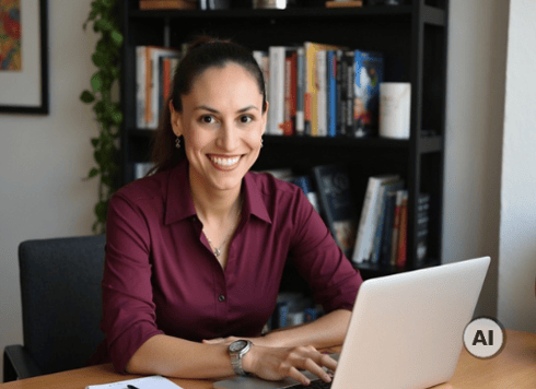 Eine lächelnde Frau (KI-Bild Melissa) in einem weinroten Hemd sitzt an einem Schreibtisch und blickt in die Kamera. Sie hat die Hände auf der Tastatur eines Laptops. Im Hintergrund sind ein grünes Blatt und ein Bücherregal zu sehen.