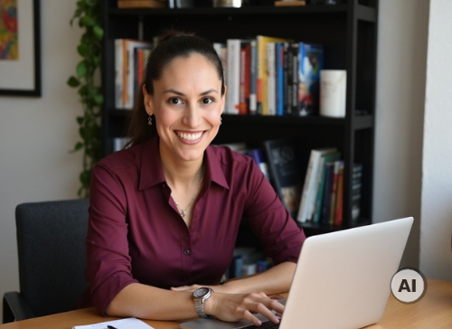 Eine lächelnde Frau (KI-Bild Melissa) in einem weinroten Hemd sitzt an einem Schreibtisch und blickt in die Kamera. Sie hat die Hände auf der Tastatur eines Laptops. Im Hintergrund sind ein grünes Blatt und ein Bücherregal zu sehen. Eine lächelnde Frau (KI-Bild Melissa) in einem weinroten Hemd sitzt an einem Schreibtisch und blickt in die Kamera. Sie hat die Hände auf der Tastatur eines Laptops. Im Hintergrund sind ein grünes Blatt und ein Bücherregal zu sehen.