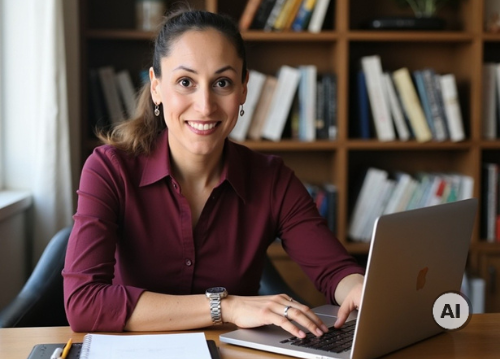 Eine lächelnde Frau (KI-Bild Melissa) in einem weinroten Hemd sitzt an einem Schreibtisch und blickt in die Kamera. Sie hat die Hände auf der Tastatur eines Laptops. Im Hintergrund sind ein grünes Blatt und ein Bücherregal zu sehen. Eine lächelnde Frau (KI-Bild Melissa) in einem weinroten Hemd sitzt an einem Schreibtisch und blickt in die Kamera. Sie hat die Hände auf der Tastatur eines Laptops. Im Hintergrund sind ein grünes Blatt und ein Bücherregal zu sehen.